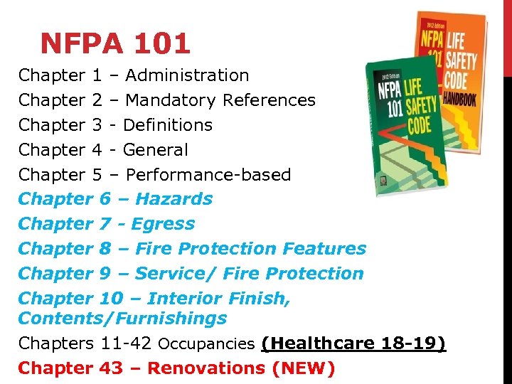 NFPA 101 Chapter 1 – Administration Chapter 2 – Mandatory References Chapter 3 -