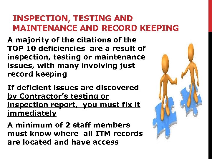 INSPECTION, TESTING AND MAINTENANCE AND RECORD KEEPING A majority of the citations of the