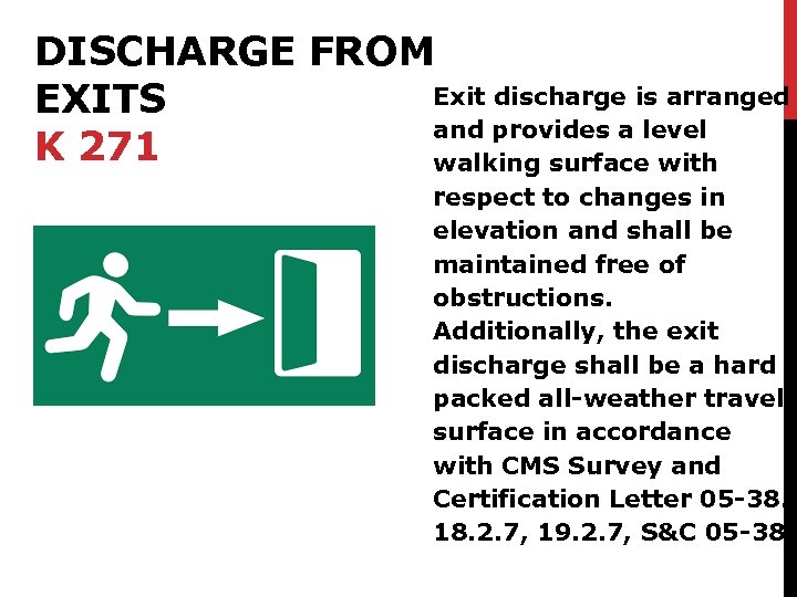 DISCHARGE FROM Exit discharge is arranged EXITS and provides a level K 271 walking