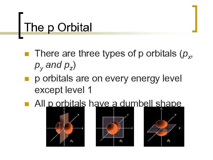 The p Orbital n n n There are three types of p orbitals (px,