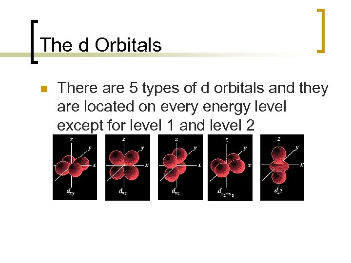The d Orbitals n There are 5 types of d orbitals and they are