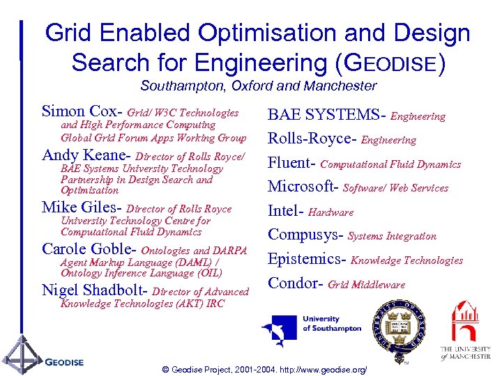Grid Enabled Optimisation and Design Search for Engineering (GEODISE) Southampton, Oxford and Manchester Simon
