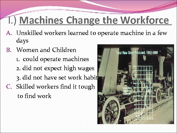 I. ) Machines Change the Workforce A. Unskilled workers learned to operate machine in