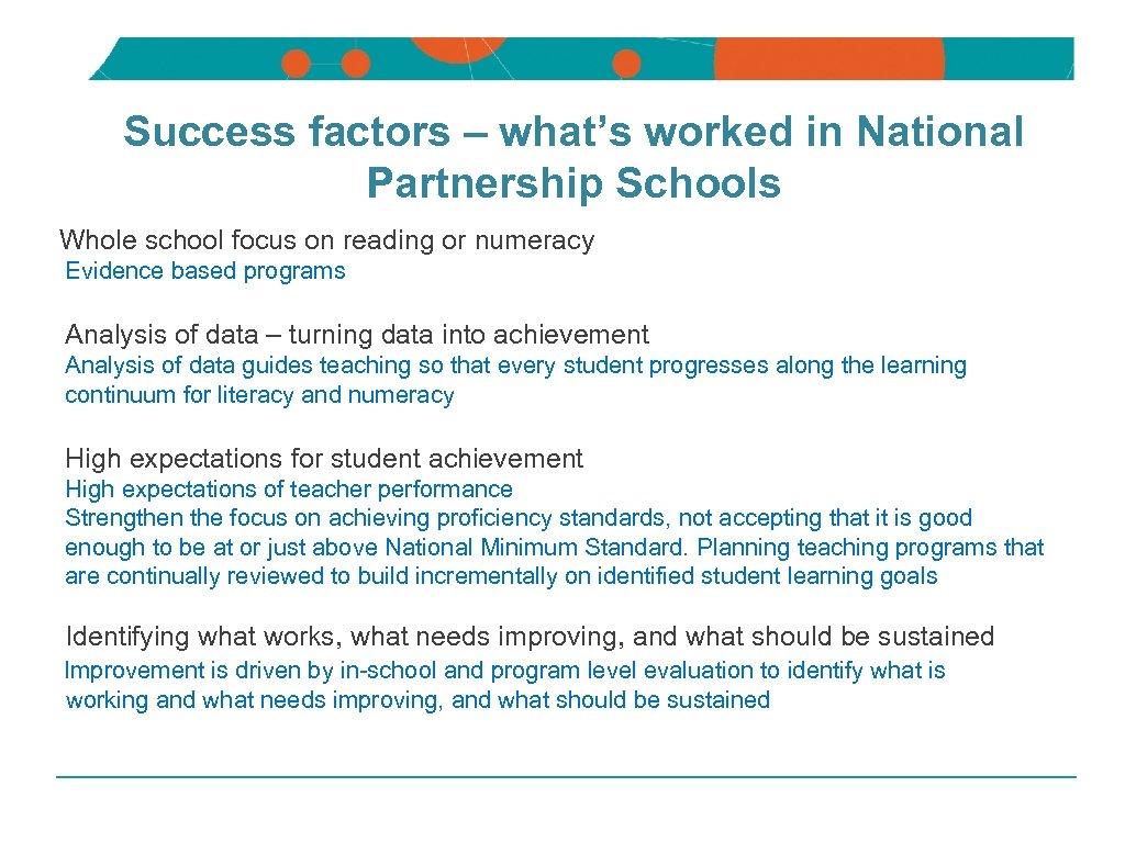 NSW DEPARTMENT OF EDUCATION AND TRAINING Success factors – what’s worked in National Partnership