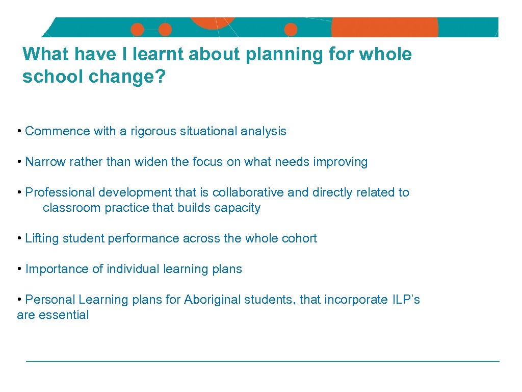 NSW DEPARTMENT OF EDUCATION AND TRAINING What have I learnt about planning for whole