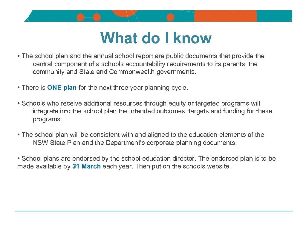 NSW DEPARTMENT OF EDUCATION AND TRAINING What do I know • The school plan