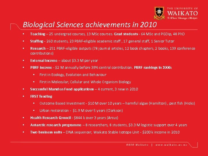 Biological Sciences achievements in 2010 • Teaching – 25 undergrad courses, 13 MSc courses.