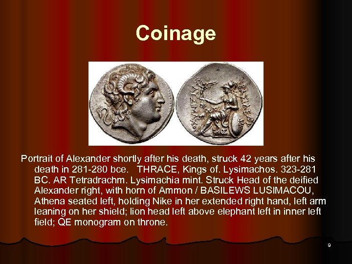 Coinage Portrait of Alexander shortly after his death, struck 42 years after his death