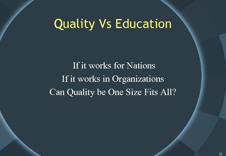 Quality Vs Education If it works for Nations If it works in Organizations Can