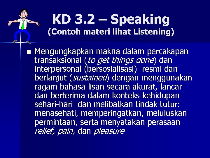 KD 3. 2 – Speaking (Contoh materi lihat Listening) n Mengungkapkan makna dalam percakapan