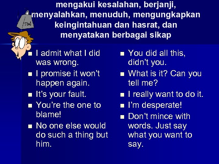 mengakui kesalahan, berjanji, menyalahkan, menuduh, mengungkapkan keingintahuan dan hasrat, dan menyatakan berbagai sikap n