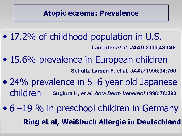 Atopic eczema: Prevalence • 17. 2% of childhood population in U. S. Laughter et