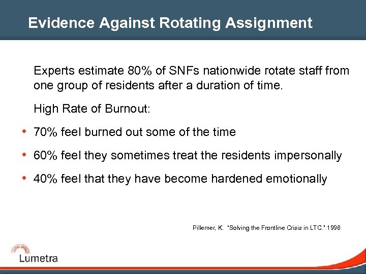 Evidence Against Rotating Assignment Experts estimate 80% of SNFs nationwide rotate staff from one
