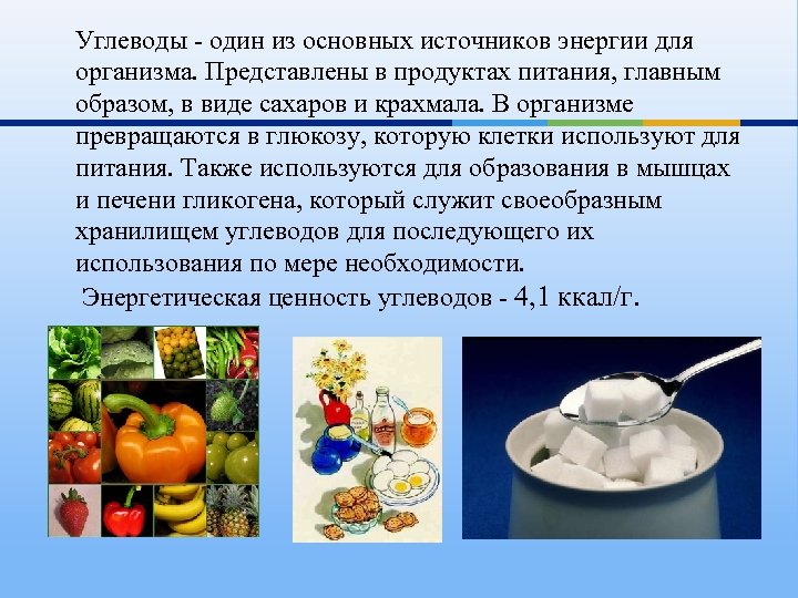 Углеводы - один из основных источников энергии для организма. Представлены в продуктах питания, главным
