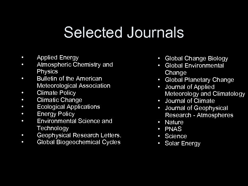 Selected Journals • • • Applied Energy Atmospheric Chemistry and Physics Bulletin of the