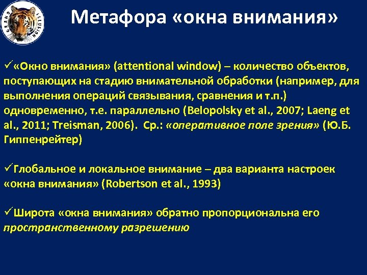 Метафора «окна внимания» ü «Окно внимания» (attentional window) – количество объектов, поступающих на стадию