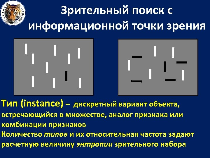 Зрительный поиск с информационной точки зрения Тип (instance) – дискретный вариант объекта, встречающийся в