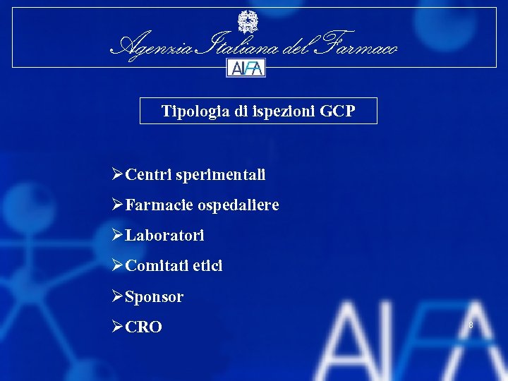 Agenzia Italiana del Farmaco Tipologia di ispezioni GCP ØCentri sperimentali ØFarmacie ospedaliere ØLaboratori ØComitati