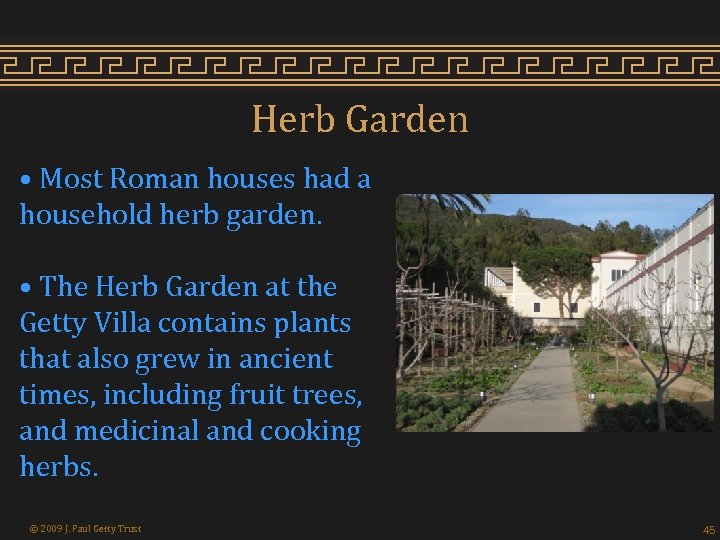 Herb Garden • Most Roman houses had a household herb garden. • The Herb