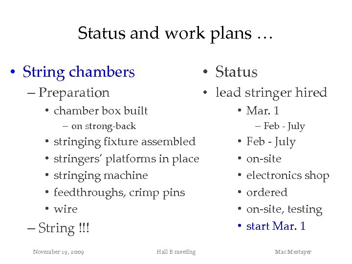 Status and work plans … • String chambers • Status – Preparation • lead