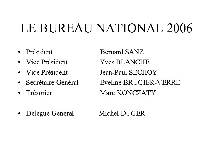 LE BUREAU NATIONAL 2006 • • • Président Bernard SANZ Vice Président Yves BLANCHE