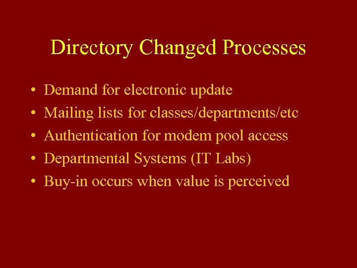 Directory Changed Processes • • • Demand for electronic update Mailing lists for classes/departments/etc