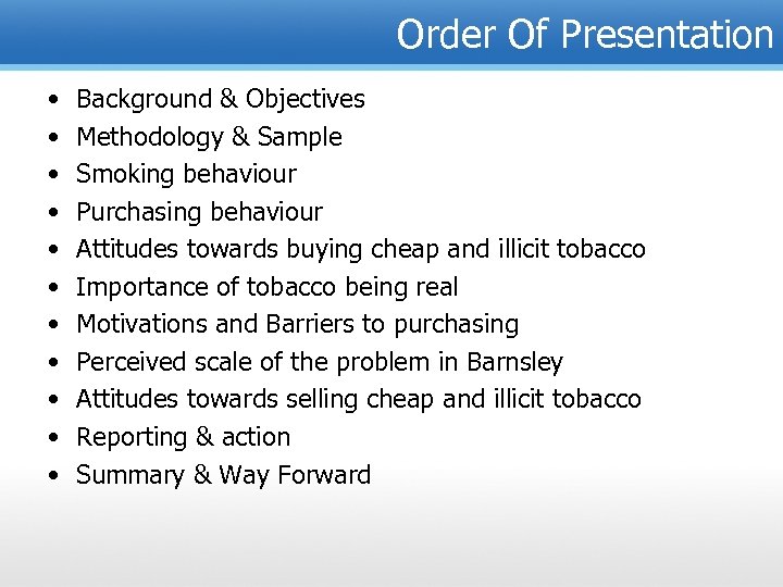 Order Of Presentation • • • Background & Objectives Methodology & Sample Smoking behaviour