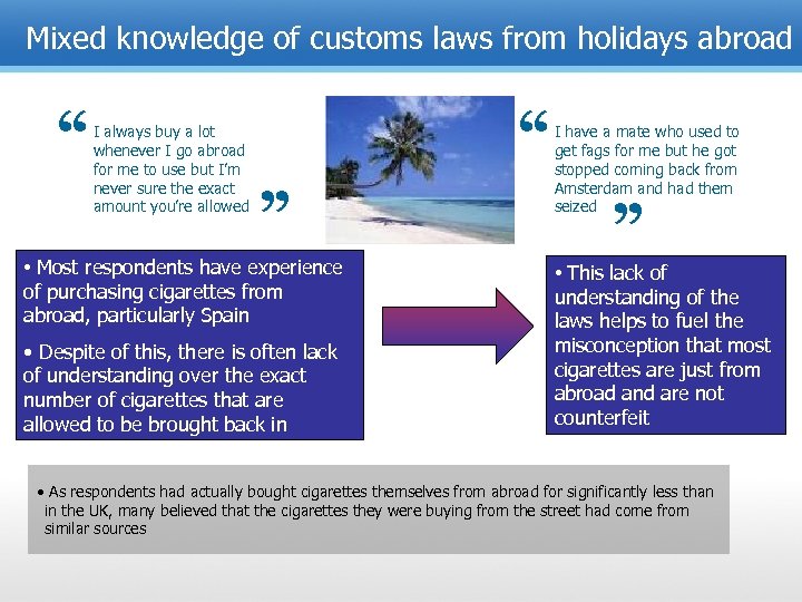 Mixed knowledge of customs laws from holidays abroad “ • Most respondents have experience