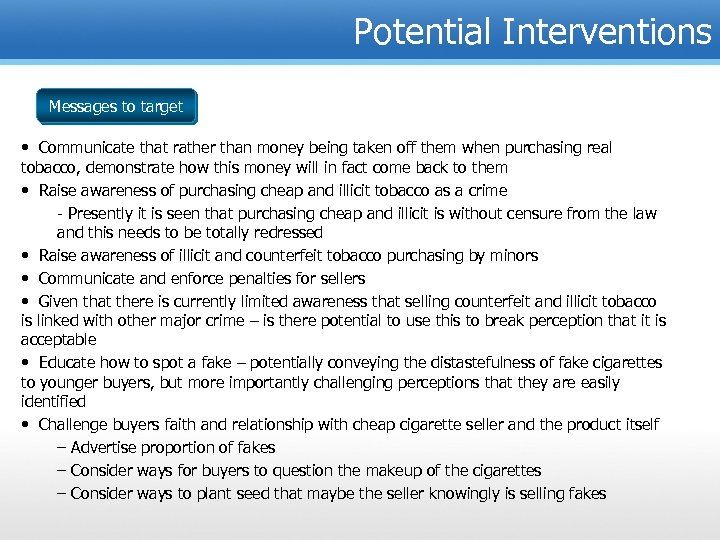 Potential Interventions Messages to target • Communicate that rather than money being taken off