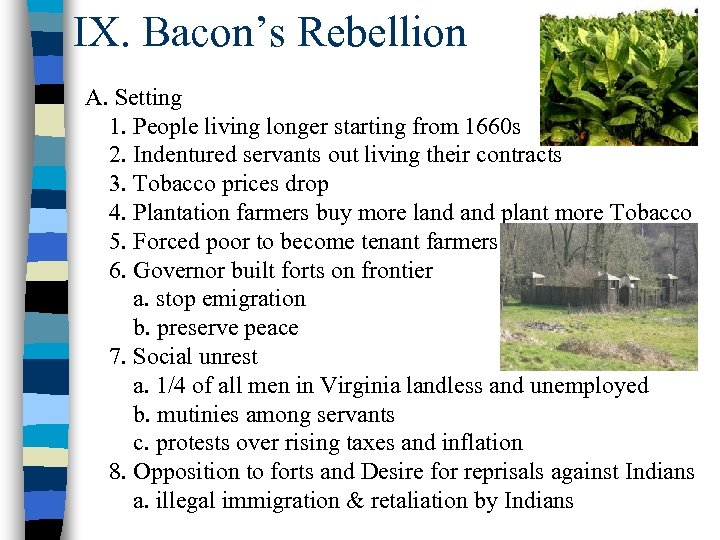 IX. Bacon’s Rebellion A. Setting 1. People living longer starting from 1660 s 2.