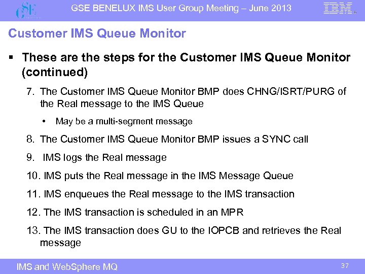 GSE BENELUX IMS User Group Meeting – June 2013 Customer IMS Queue Monitor §