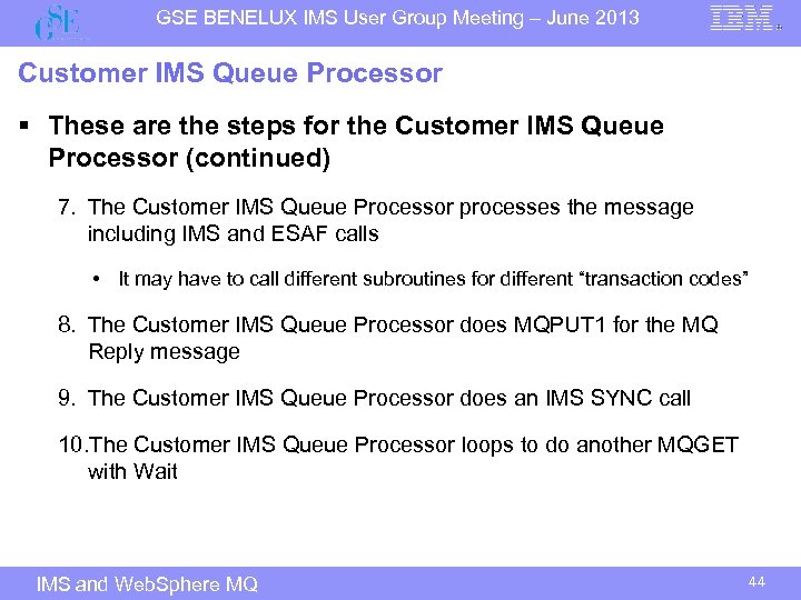 GSE BENELUX IMS User Group Meeting – June 2013 Customer IMS Queue Processor §