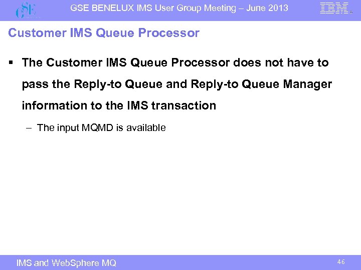 GSE BENELUX IMS User Group Meeting – June 2013 Customer IMS Queue Processor §