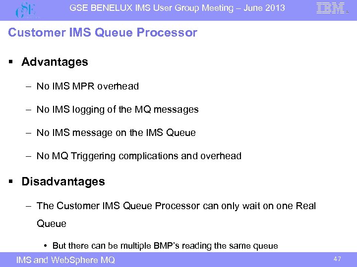 GSE BENELUX IMS User Group Meeting – June 2013 Customer IMS Queue Processor §