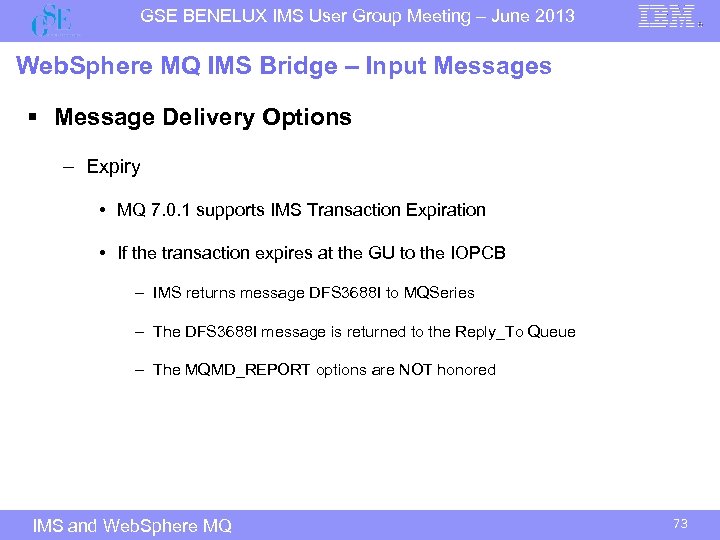 GSE BENELUX IMS User Group Meeting – June 2013 Web. Sphere MQ IMS Bridge