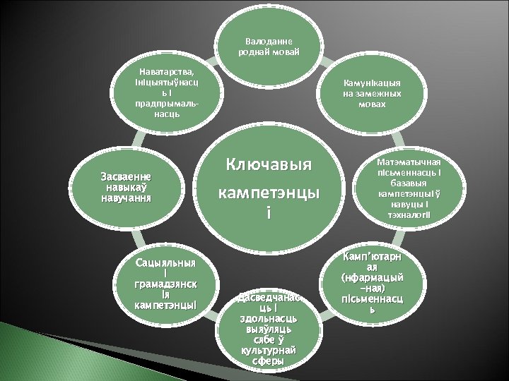 Валоданне роднай мовай Наватарства, ініцыятыўнасц ьі прадпрымальнасць Засваенне навыкаў навучання Сацыяльныя і грамадзянск ія