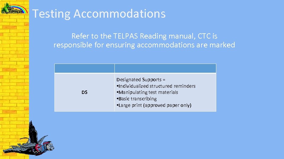 Testing Accommodations Refer to the TELPAS Reading manual, CTC is responsible for ensuring accommodations