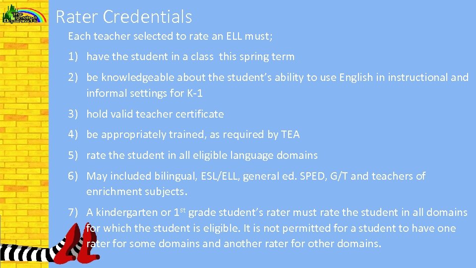 Rater Credentials Each teacher selected to rate an ELL must; 1) have the student