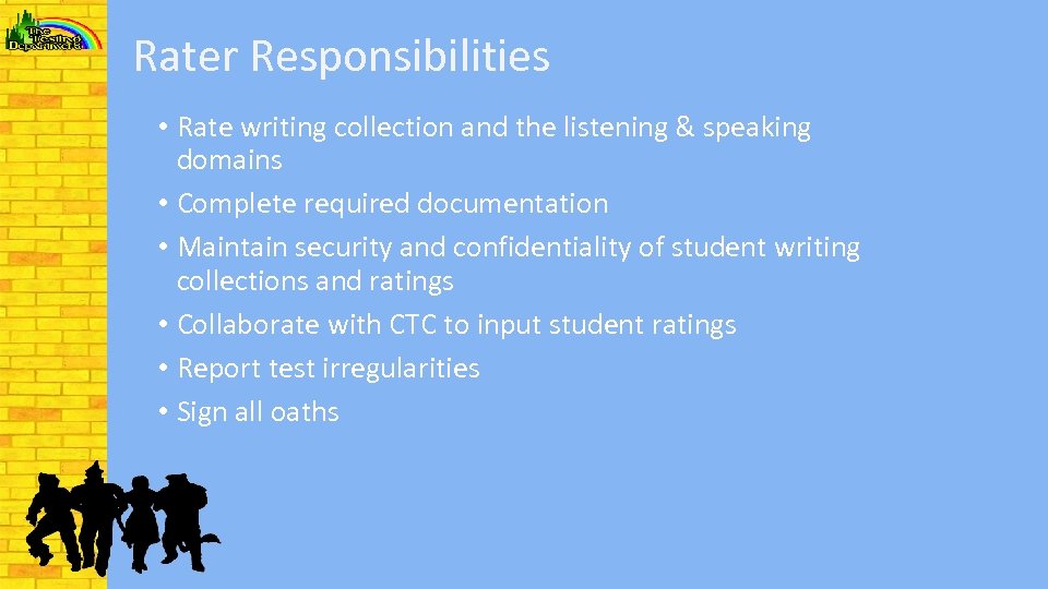Rater Responsibilities • Rate writing collection and the listening & speaking domains • Complete