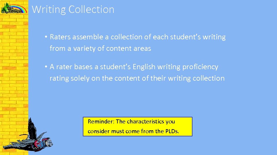 Writing Collection • Raters assemble a collection of each student’s writing from a variety