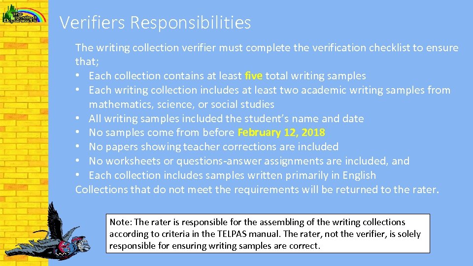 Verifiers Responsibilities The writing collection verifier must complete the verification checklist to ensure that;