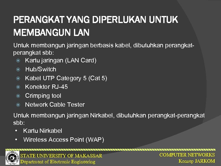 PERANGKAT YANG DIPERLUKAN UNTUK MEMBANGUN LAN Untuk membangun jaringan berbasis kabel, dibutuhkan perangkat sbb: