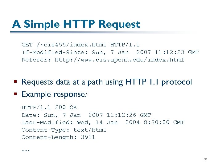 A Simple HTTP Request GET /~cis 455/index. html HTTP/1. 1 If-Modified-Since: Sun, 7 Jan