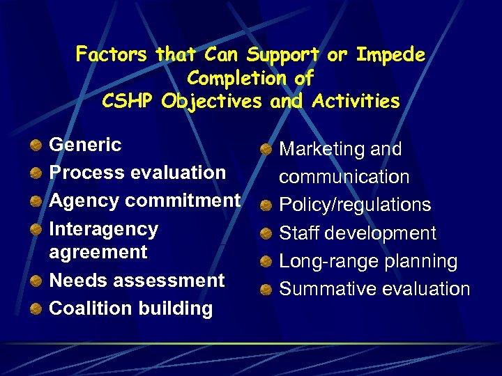 Factors that Can Support or Impede Completion of CSHP Objectives and Activities Generic Process