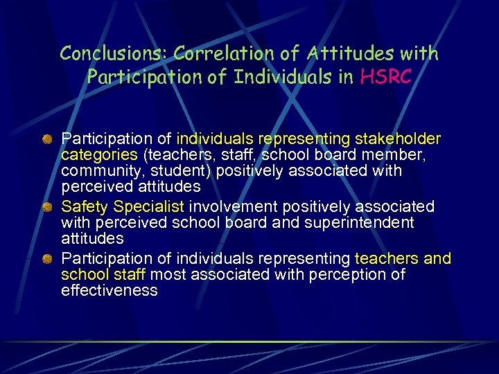 Conclusions: Correlation of Attitudes with Participation of Individuals in HSRC Participation of individuals representing