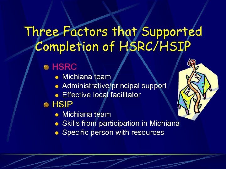 Three Factors that Supported Completion of HSRC/HSIP HSRC l l l Michiana team Administrative/principal