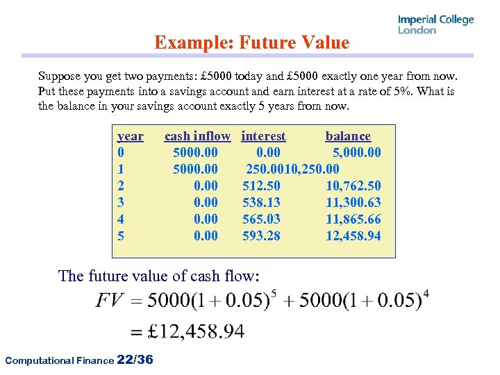 Example: Future Value Suppose you get two payments: £ 5000 today and £ 5000