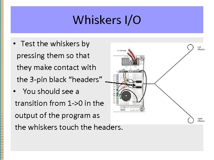 Whiskers I/O • Test the whiskers by pressing them so that they make contact