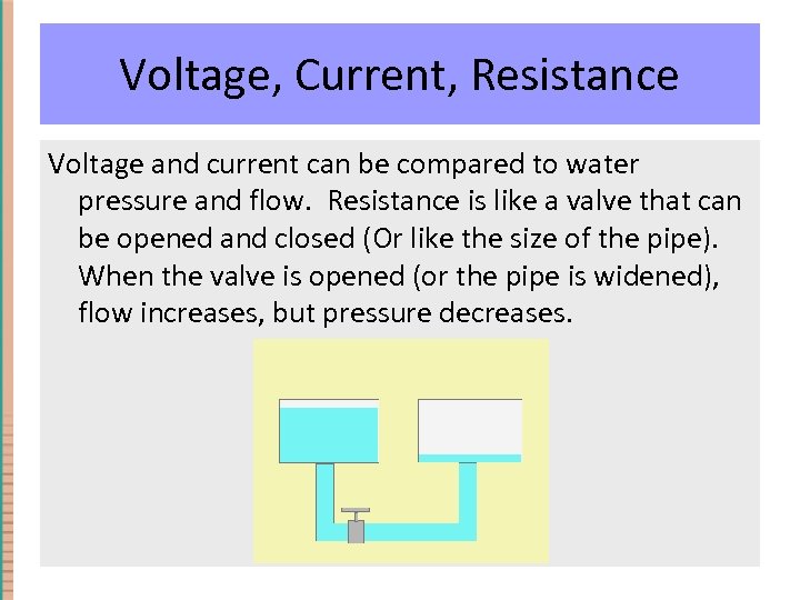 Voltage, Current, Resistance Voltage and current can be compared to water pressure and flow.