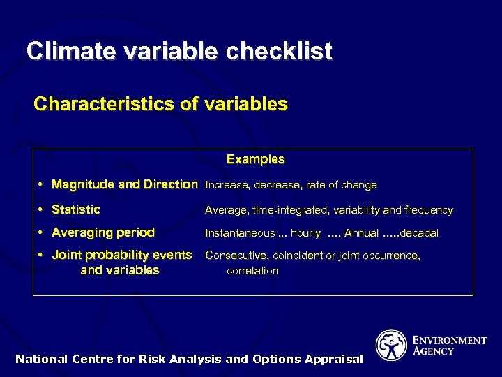 Climate variable checklist Characteristics of variables Examples • Magnitude and Direction Increase, decrease, rate